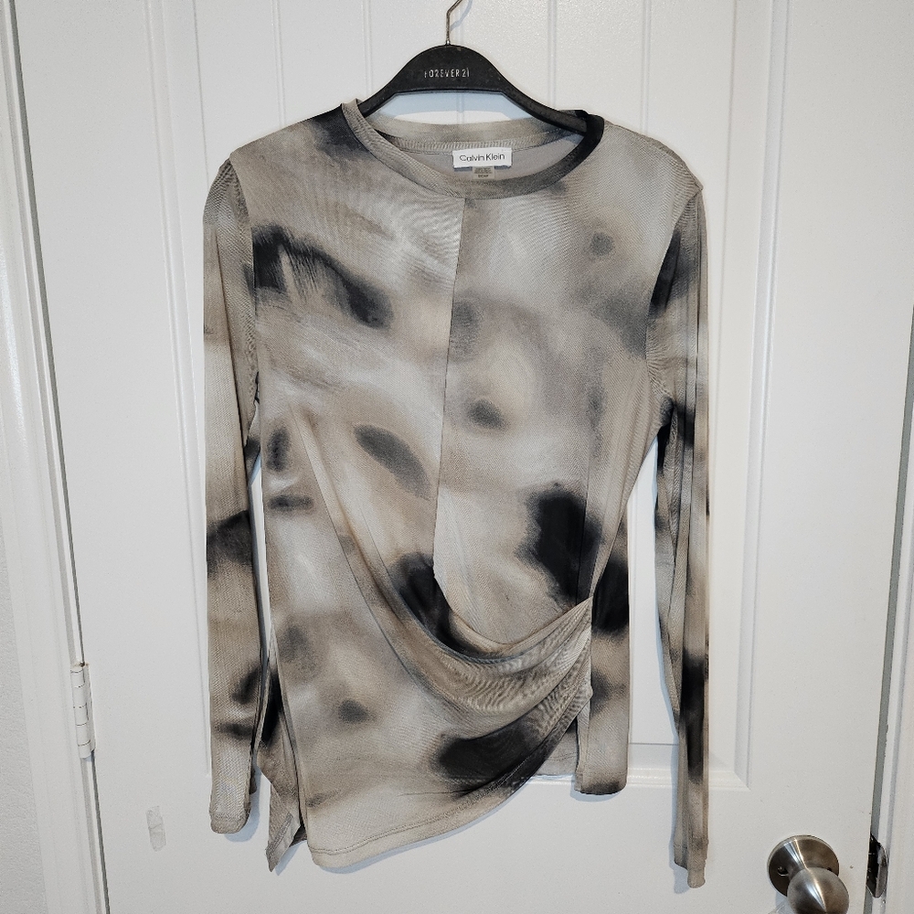 Calvin Klein Abstract Mesh Draped Faux Wrap Top Grey Black Small Career